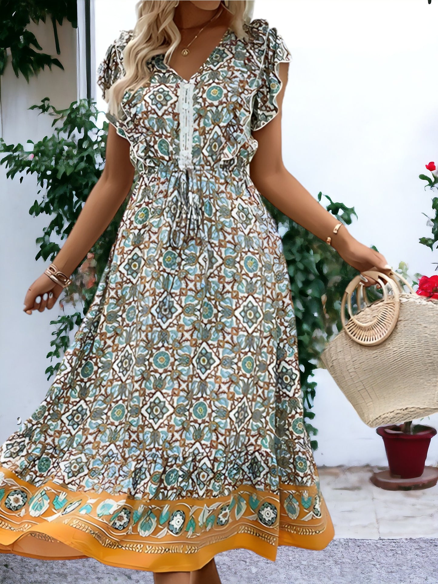 V Neck Flutter Sleeve Bohemian Dress