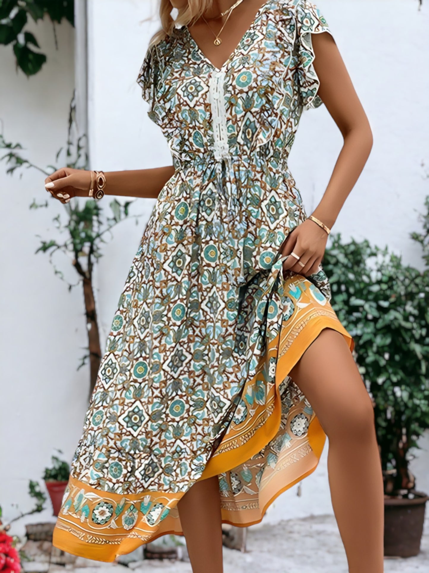 V Neck Flutter Sleeve Bohemian Dress