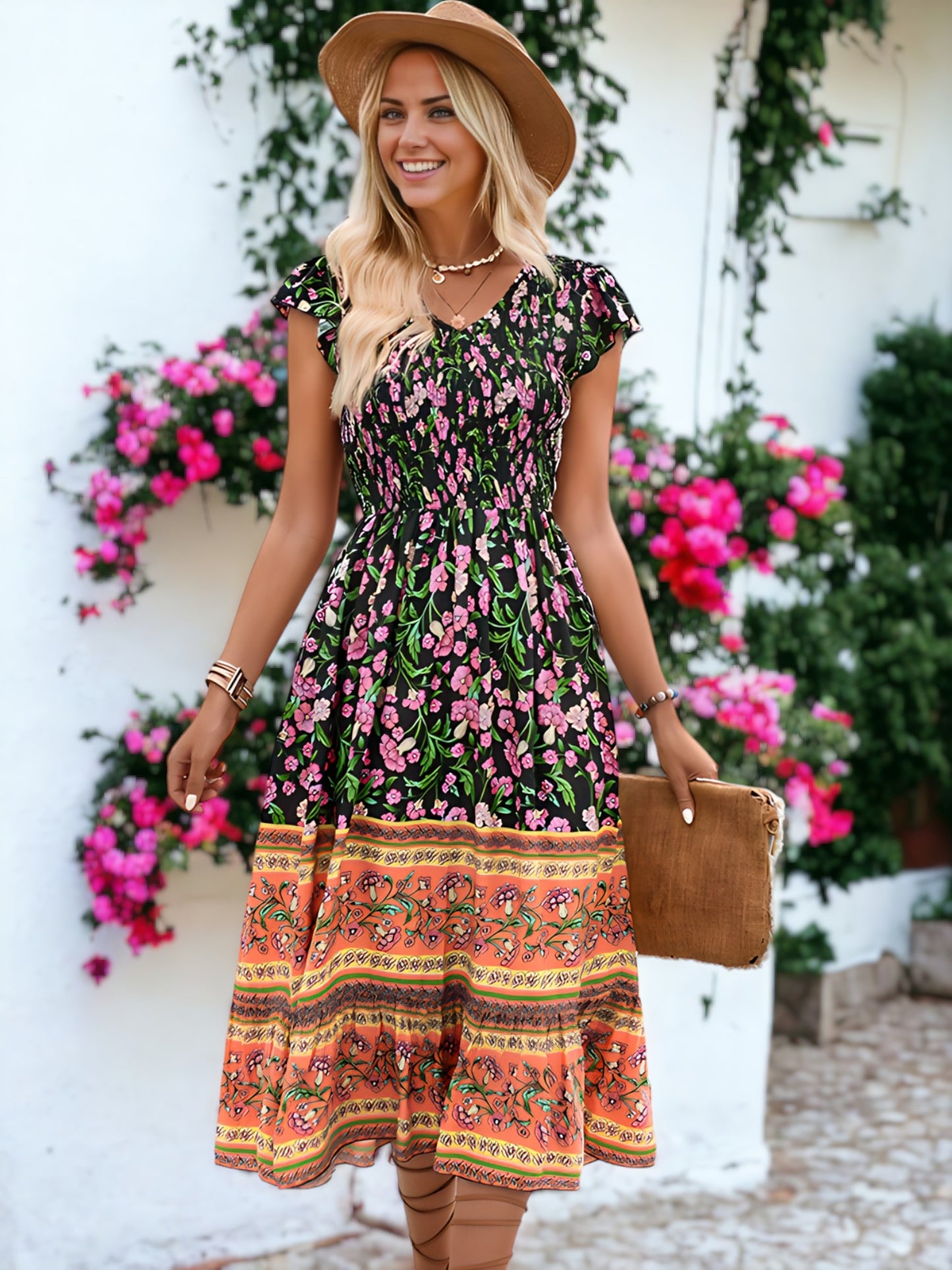 Bohemian Printed V-Neck Smocked Chest Flared Midi Dress