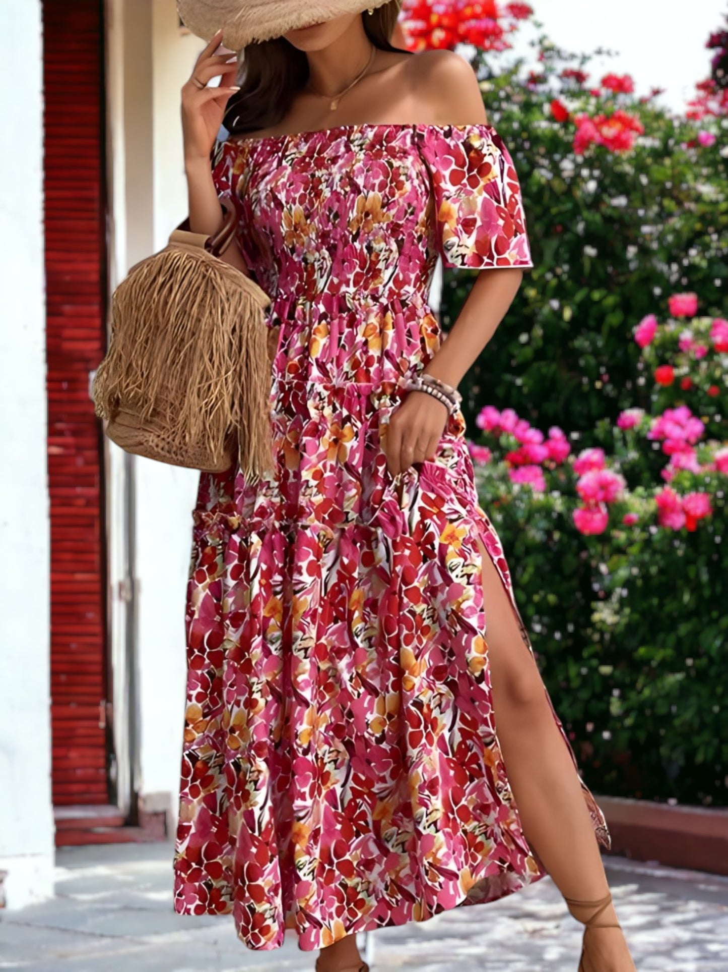 Floral Printed Off Shoulder Long Ruffle Dress