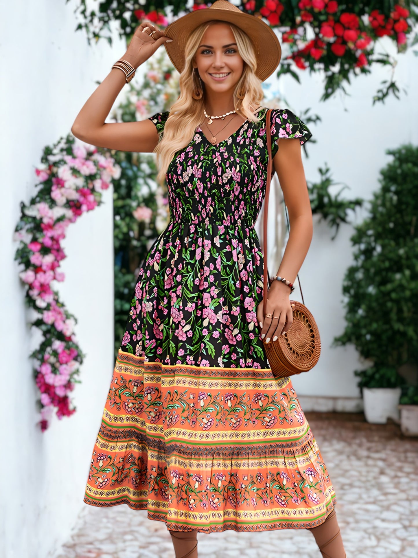 Bohemian Printed V-Neck Smocked Chest Flared Midi Dress