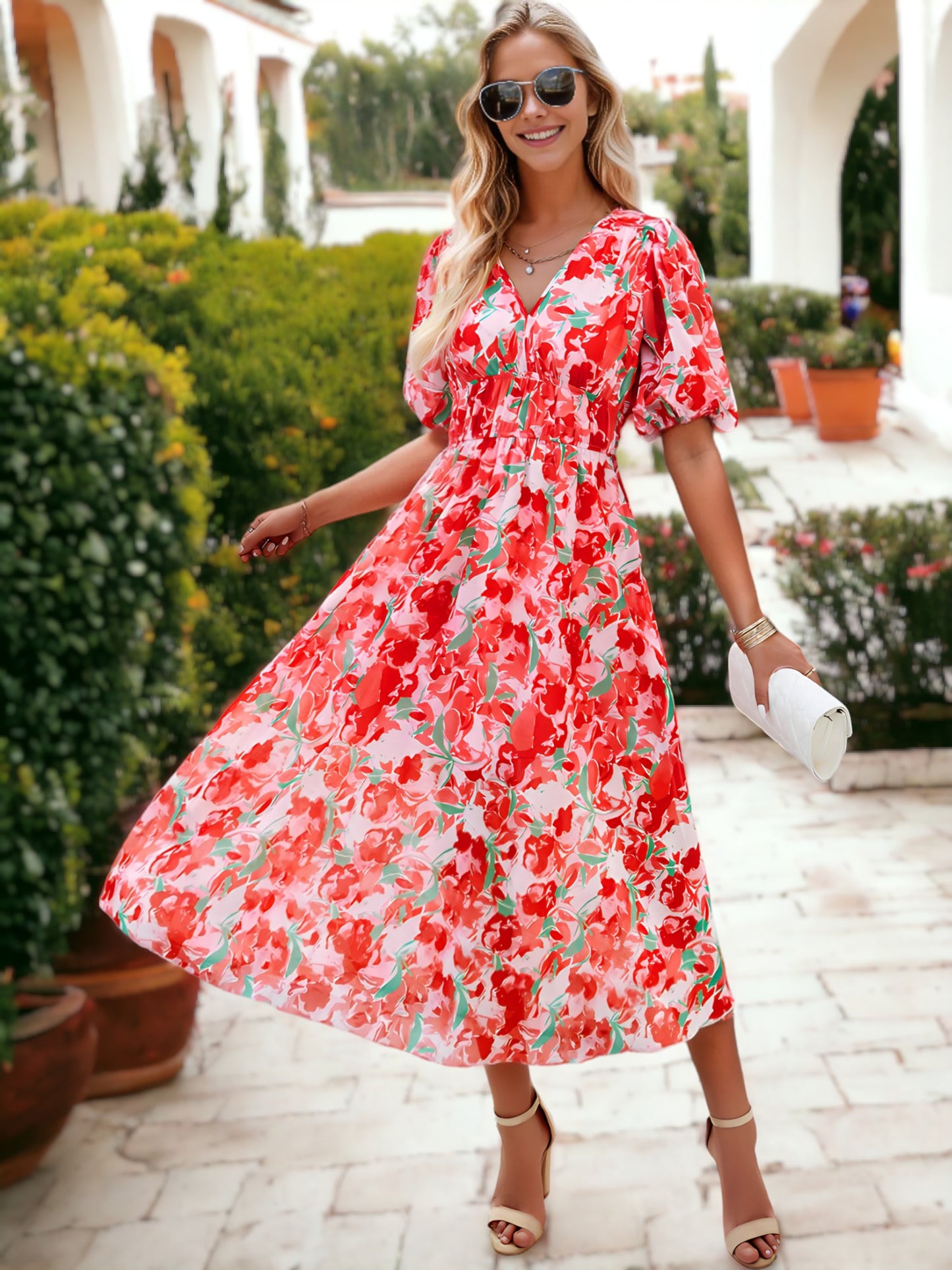 Casual Floral Printed V-Neck Puffed Sleeve Maxi Dress