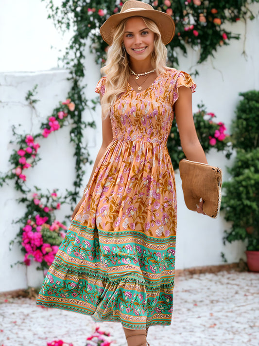 Bohemian Printed V-Neck Smocked Chest Flared Midi Dress