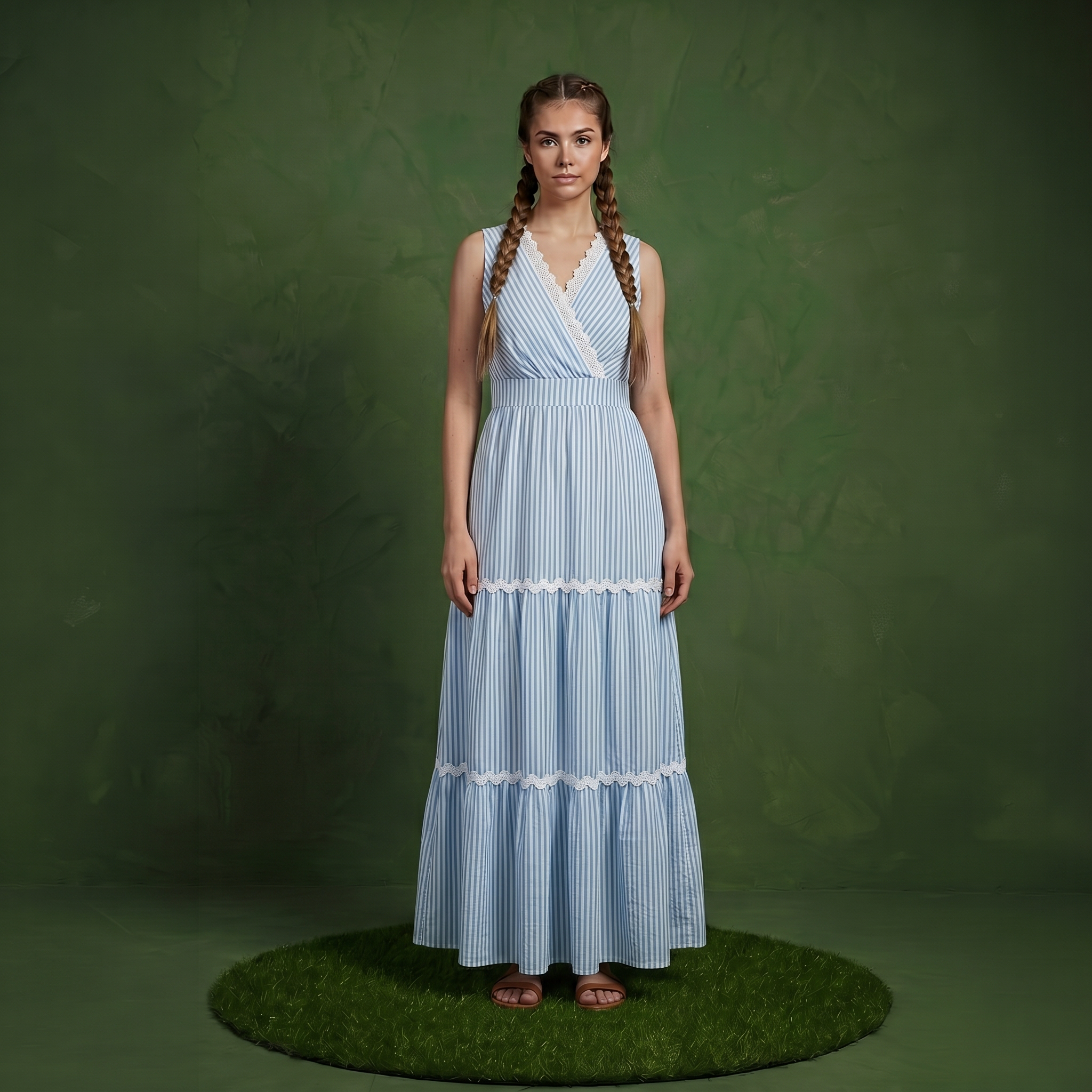 striped flowy maxi dress Anna-Kaci Sleeveless with V Neckline Contrast Trim HEM LENGTH_Sweep Train