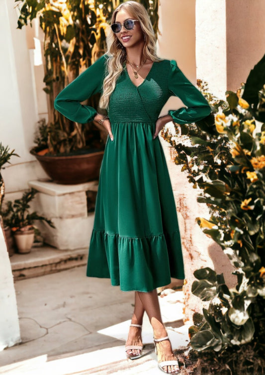 Shirred Surplice Neck Dress