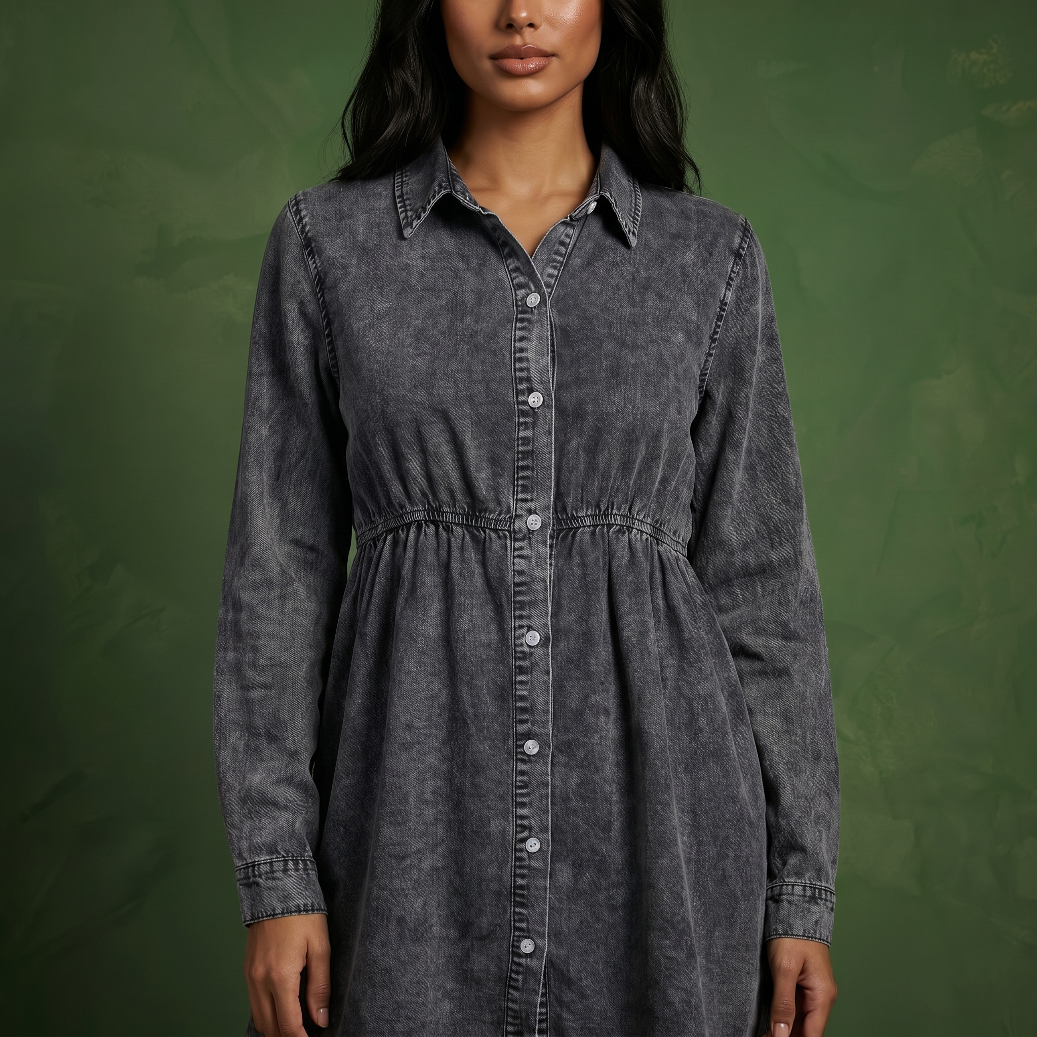 Button-Down Tiered Denim Shirt Dress Long Sleeve | Anna-Kaci