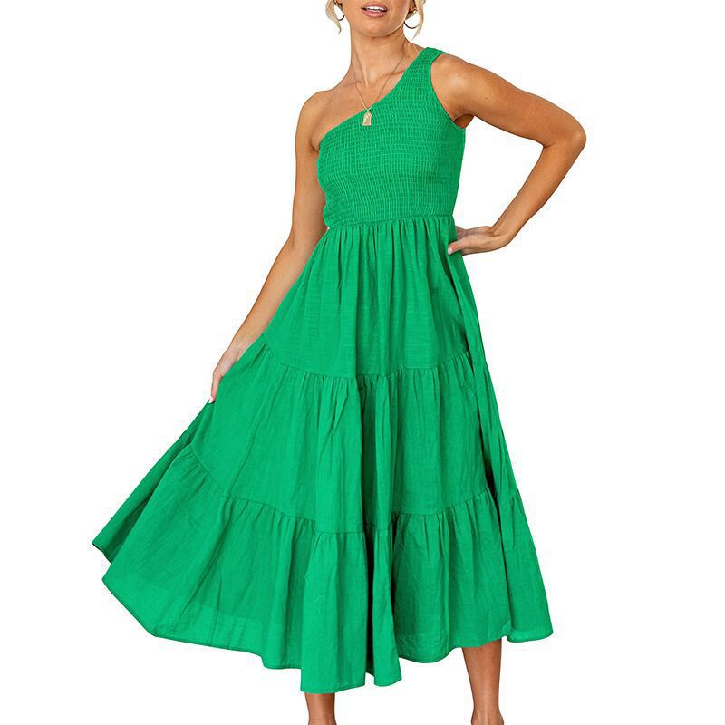 Vestido largo de verano para mujer de Anna-Kaci, estilo bohemio, con un hombro al descubierto, sin mangas, fruncido, holgado, con capas, para fiesta en la playa