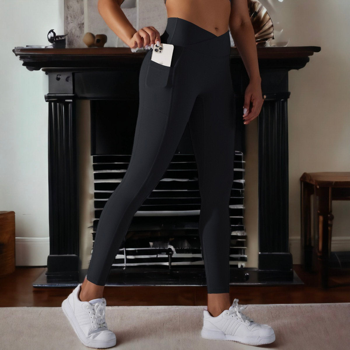 Leggings con bolsillos superpuestos en la cintura en forma de V