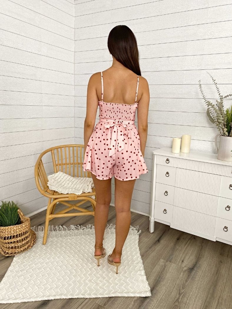 Pink Polka Dot Waist Tying Romper