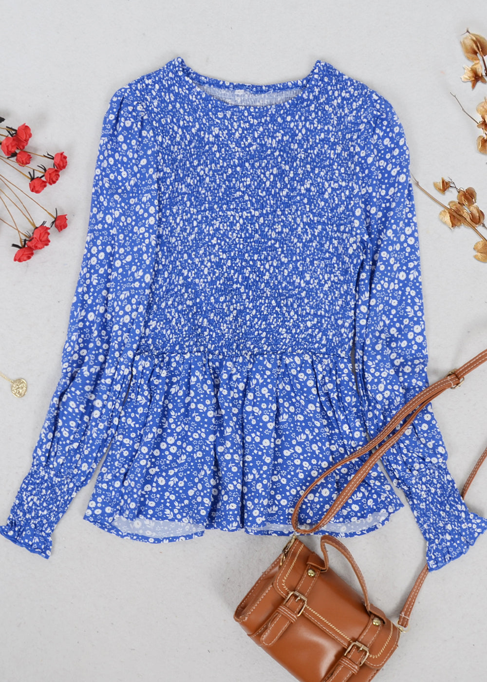 Shirred Floral Print Peplum Blouse