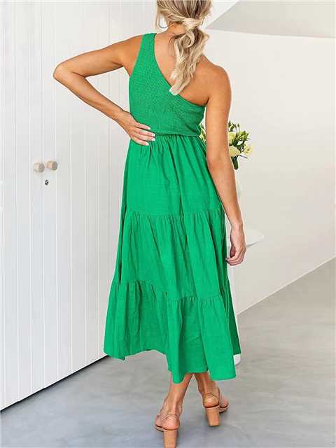 Vestido largo de verano para mujer de Anna-Kaci, estilo bohemio, con un hombro al descubierto, sin mangas, fruncido, holgado, con capas, para fiesta en la playa