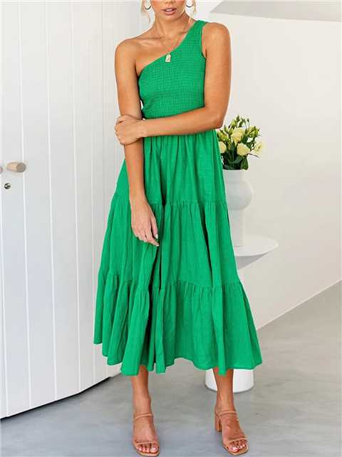 Vestido largo de verano para mujer de Anna-Kaci, estilo bohemio, con un hombro al descubierto, sin mangas, fruncido, holgado, con capas, para fiesta en la playa
