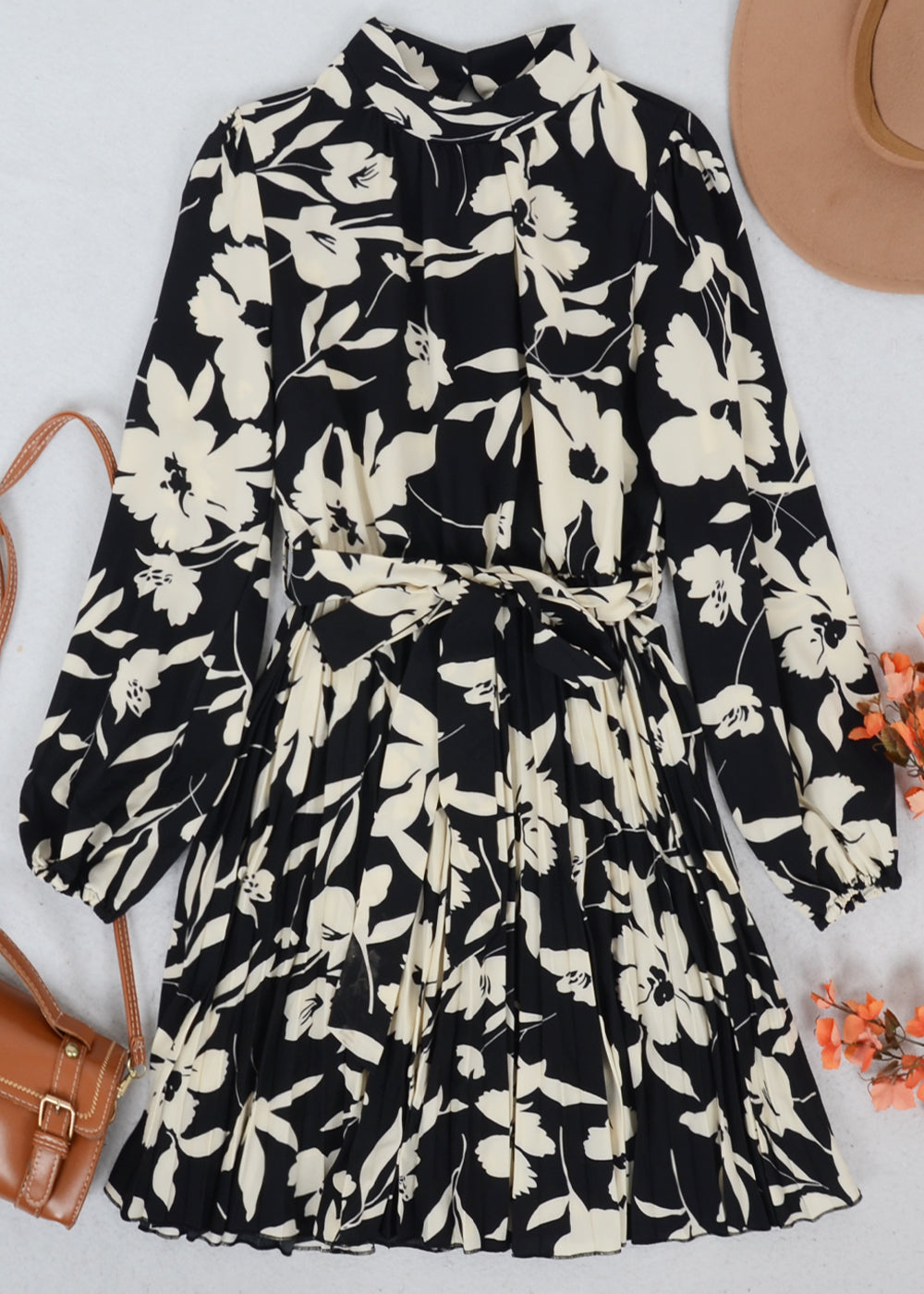 High Neck Floral Pleated Dress
