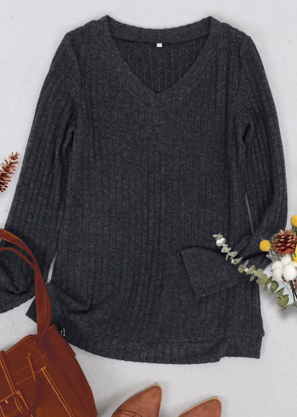 Solid Color Ribbed Knit Sweater
