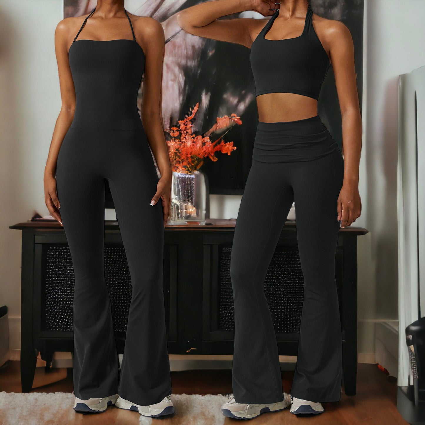 Leggings acampanados con cintura alta y fruncidos