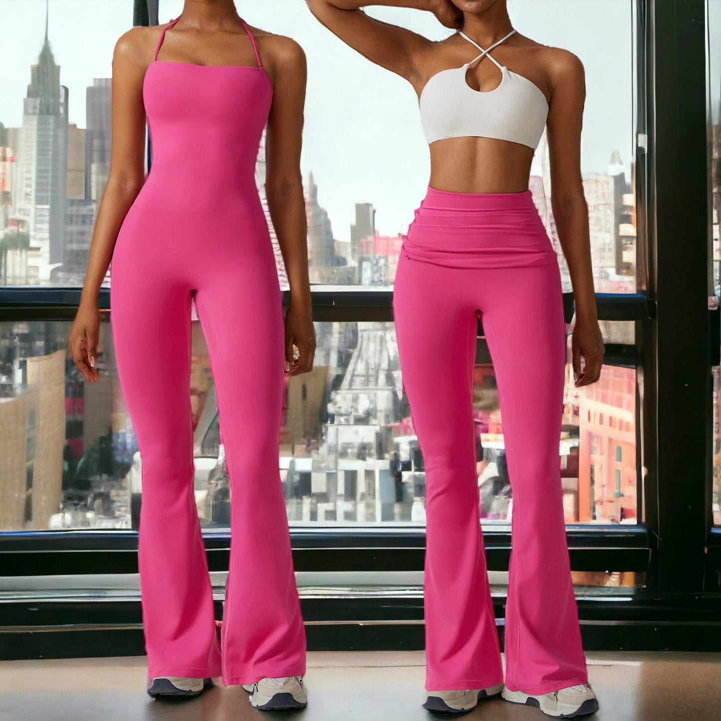 Leggings acampanados con cintura alta y fruncidos