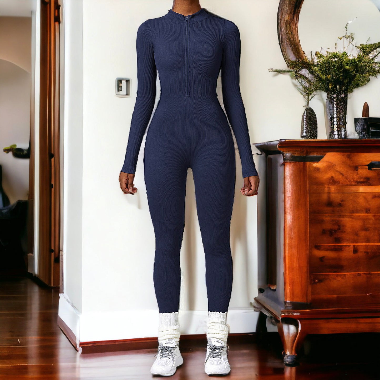 Zip-Up Ribbed Knit Unitard Jumpsuit