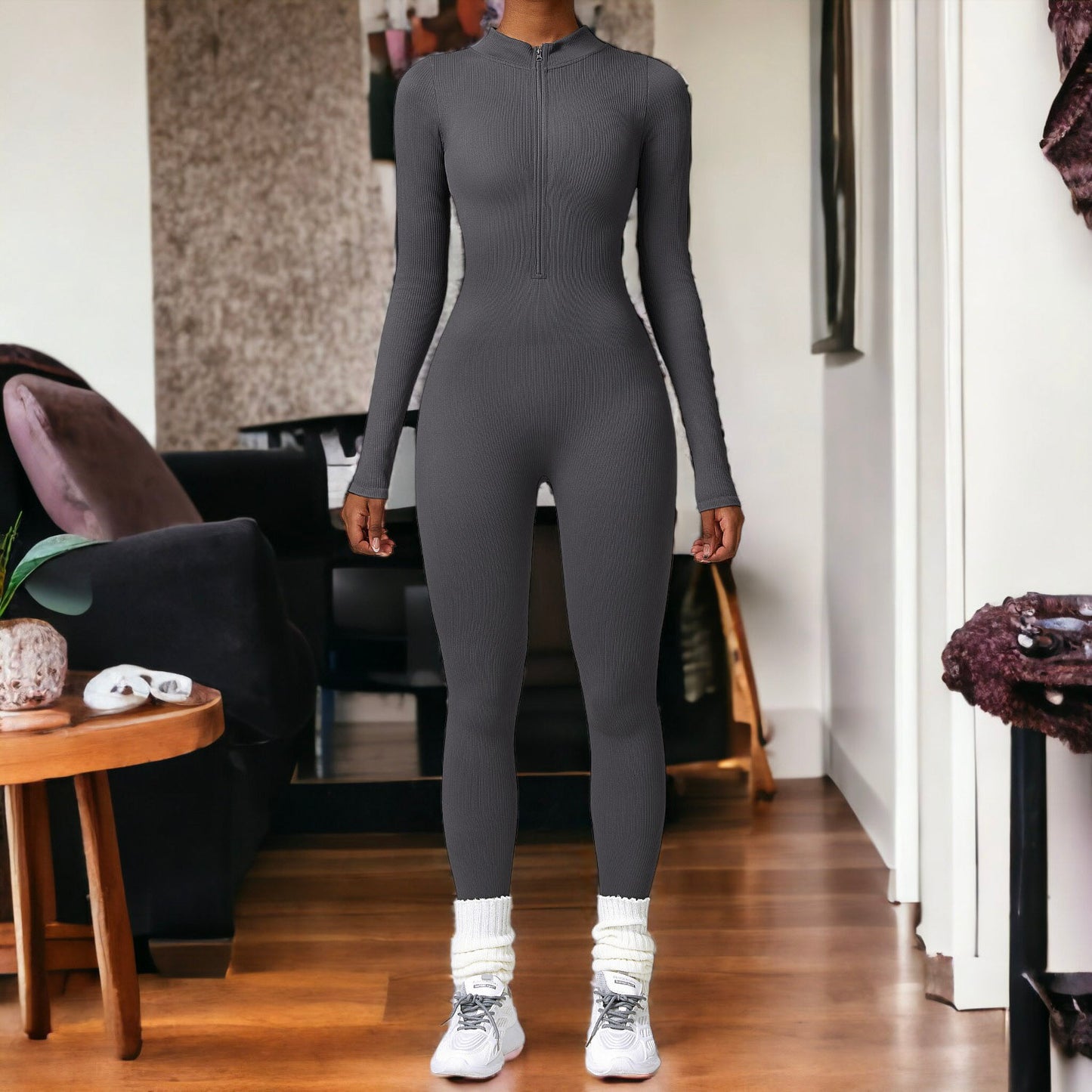 Zip-Up Ribbed Knit Unitard Jumpsuit