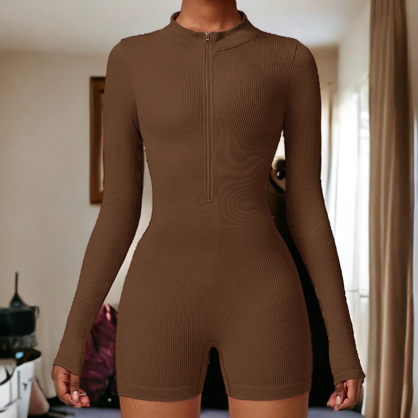Zip-Up Ribbed Knit Unitard Romper