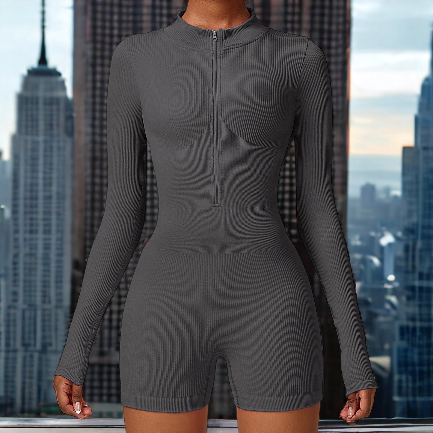 Zip-Up Ribbed Knit Unitard Romper