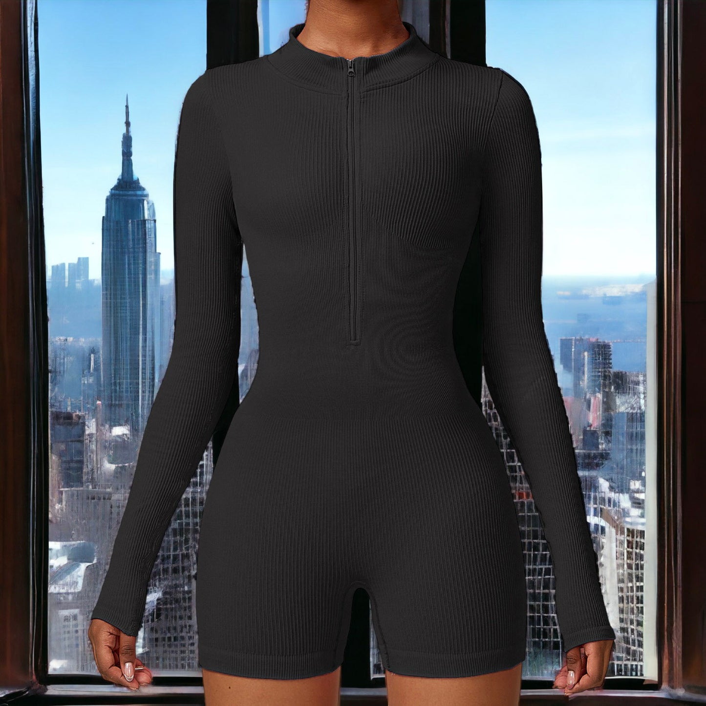 Zip-Up Ribbed Knit Unitard Romper