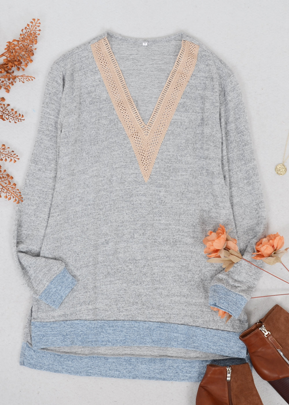 Two Tone Crochet V Neck Sweater
