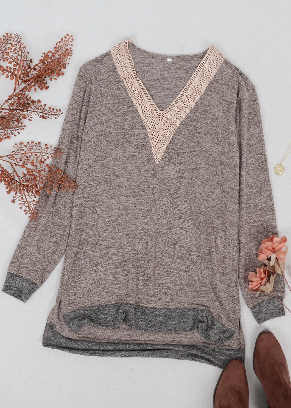 Two Tone Crochet V Neck Sweater