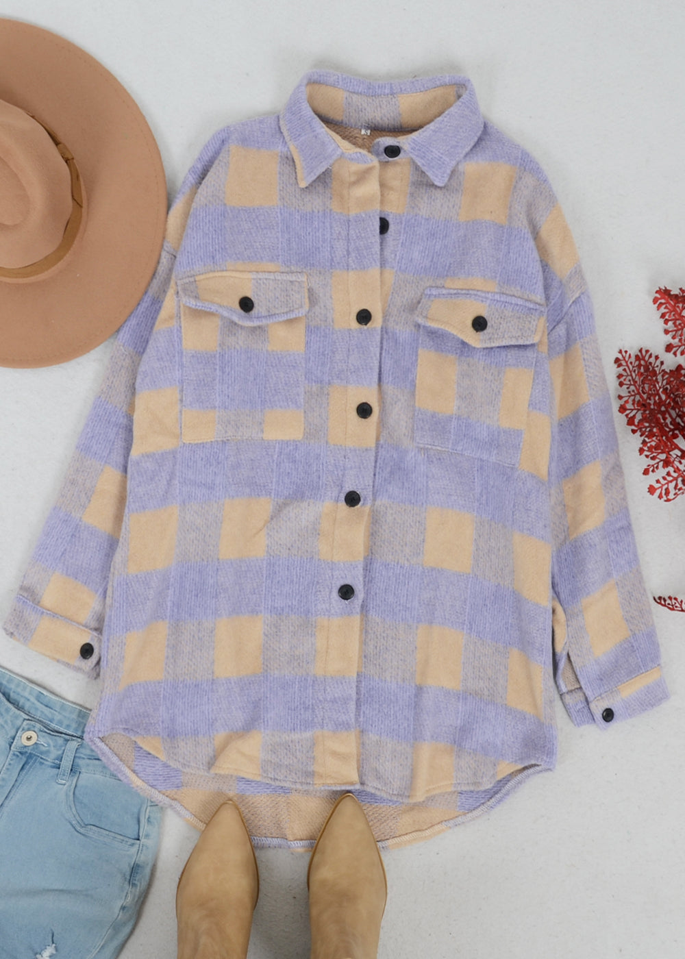 Plaid Pattern Curved Hem Shacket