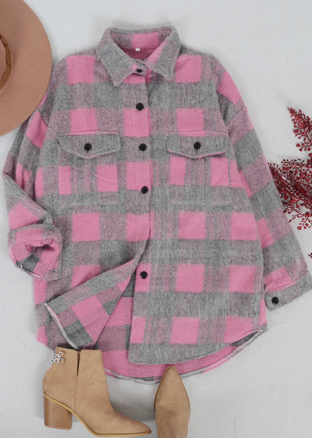 Plaid Pattern Curved Hem Shacket