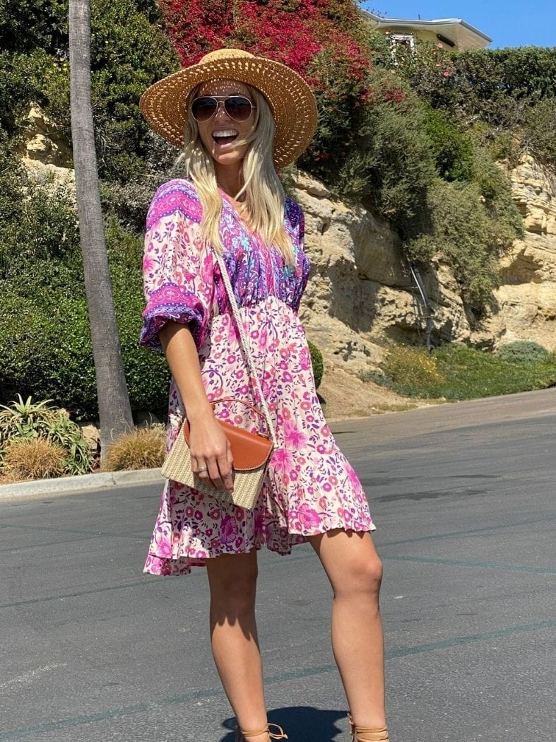 V Neck Floral Print Ruffle Hem Boho Dress for Women Above Knee Length V Neck Floral Print Ruffle Hem Boho Dress for Women Above Knee Length