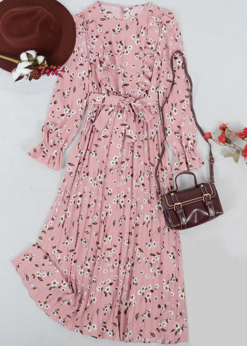 Floral Ruffle Front Pleated Dress