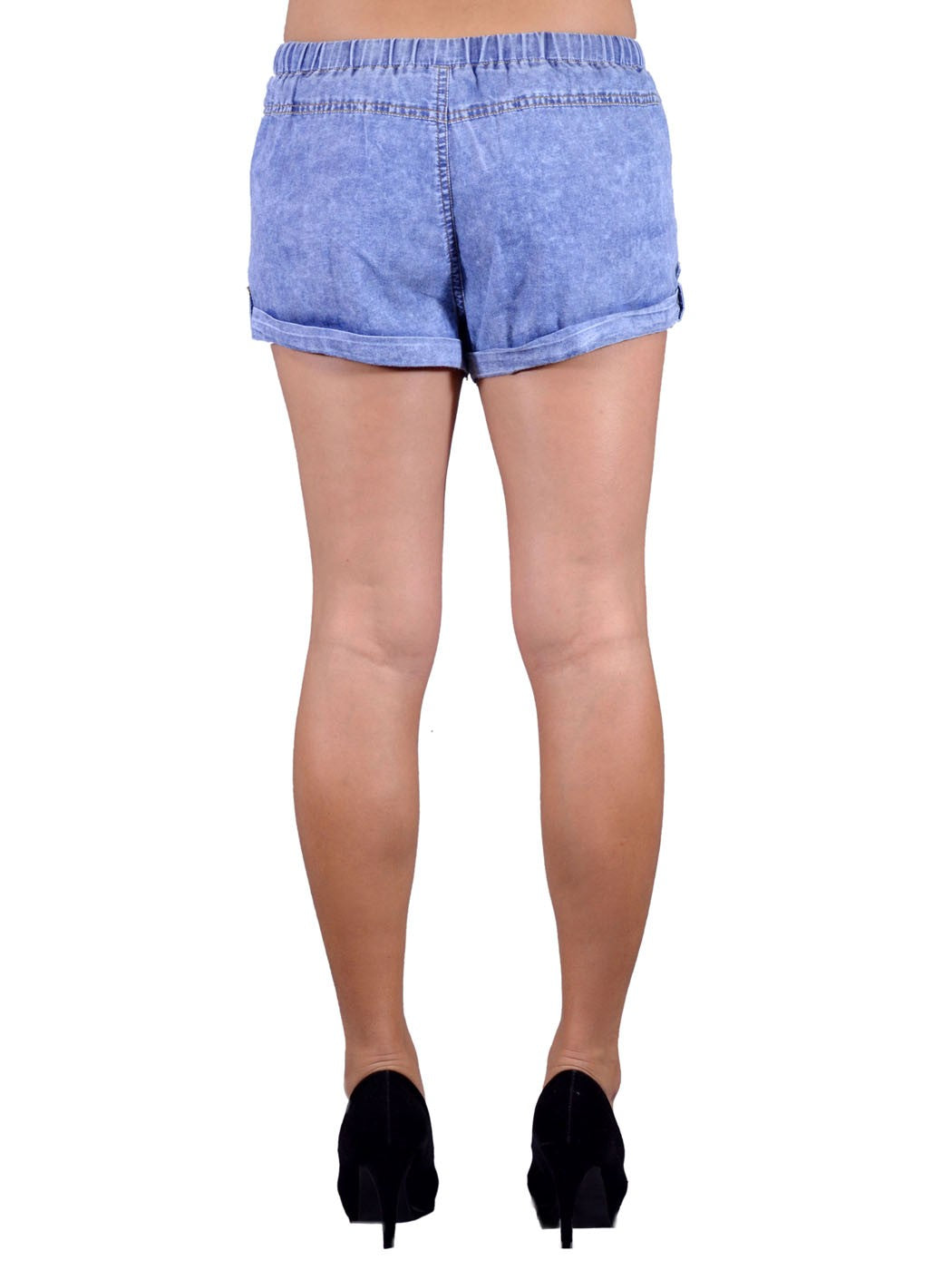 Pantalones cortos de mezclilla con lavado a la piedra, bolsillos con tachuelas y cintura elástica En Creme Fun Hip