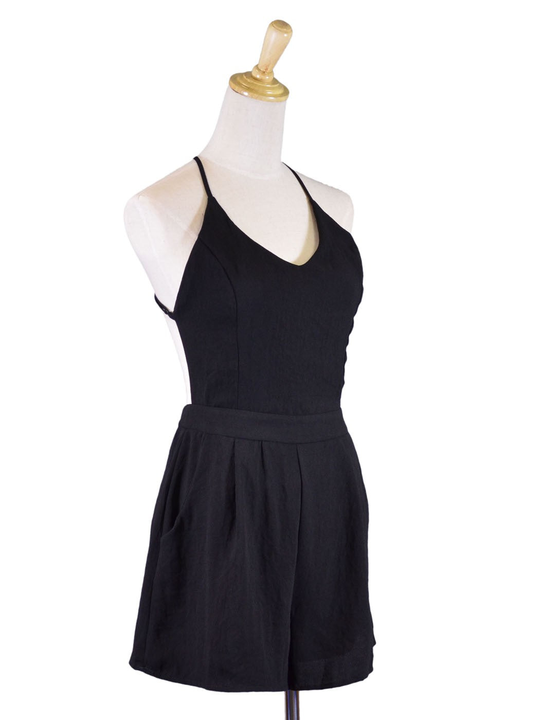 Lush Chic Formal Structured Black Spaghetti Straps Pocket Romper Shorts