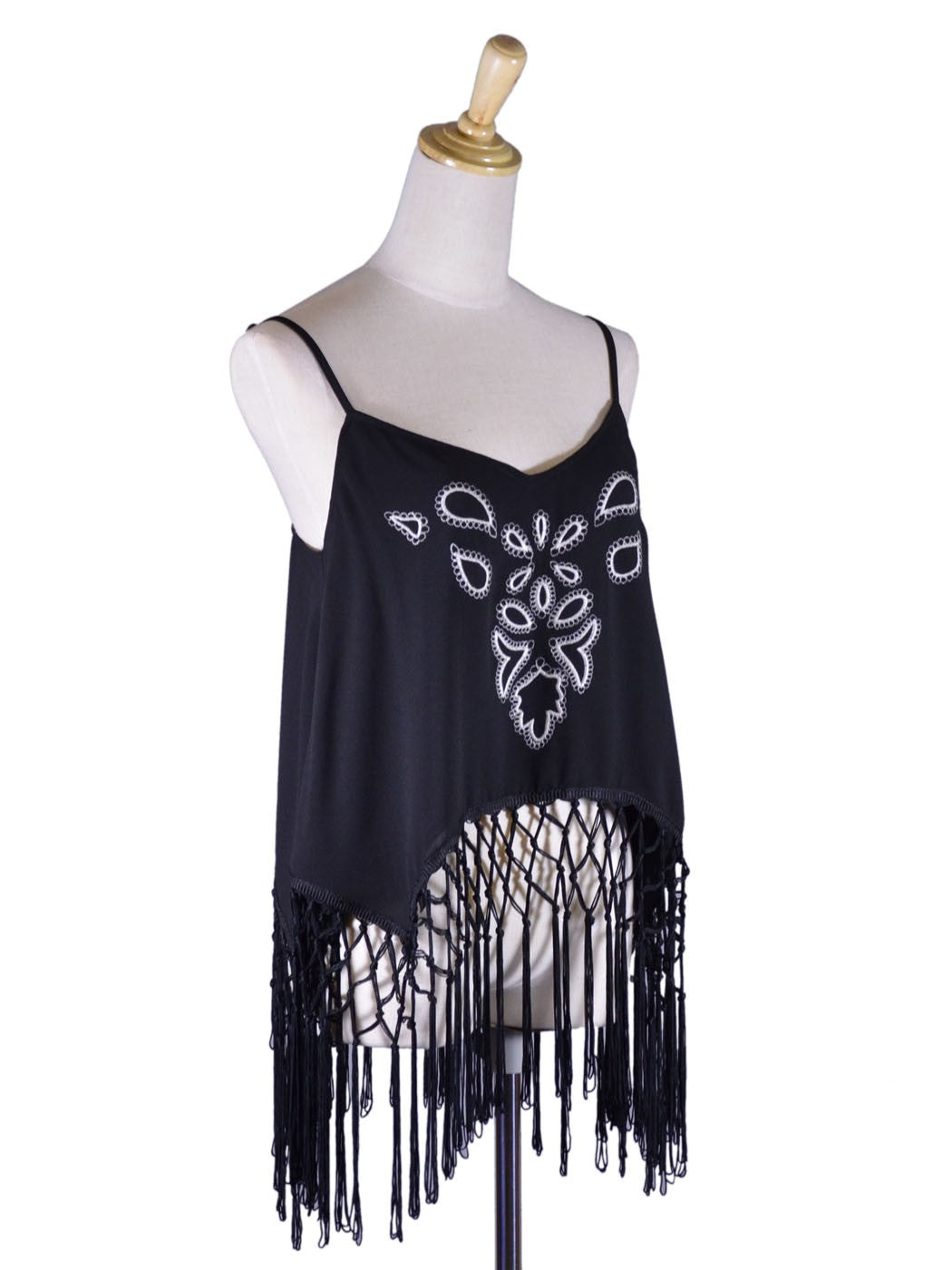 Ark & Co Enticing Flirty Floral Embroider Front Fringe Tassel Hem Chiffon Blouse