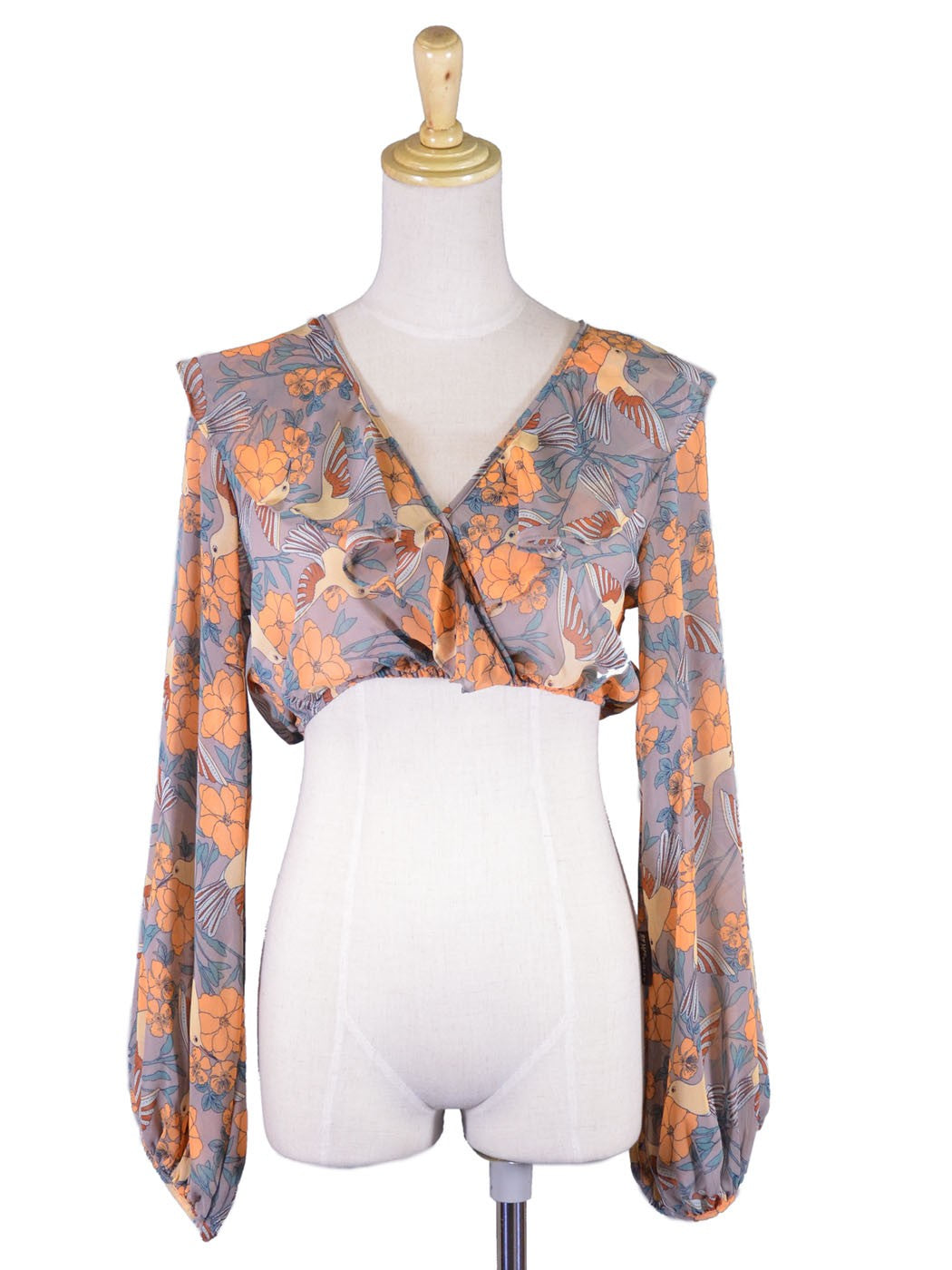 Audrey 3+1 Captivating Humming Bird Paradise Sheer Chiffon Ruffle Cropped Blouse
