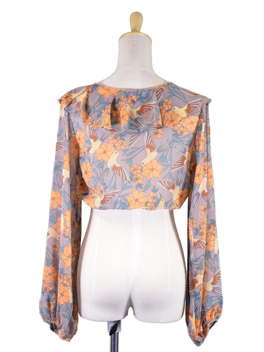 Audrey 3+1 Captivating Humming Bird Paradise Sheer Chiffon Ruffle Cropped Blouse