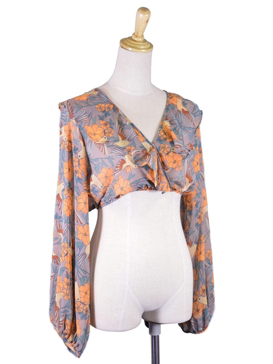 Audrey 3+1 Captivating Humming Bird Paradise Sheer Chiffon Ruffle Cropped Blouse