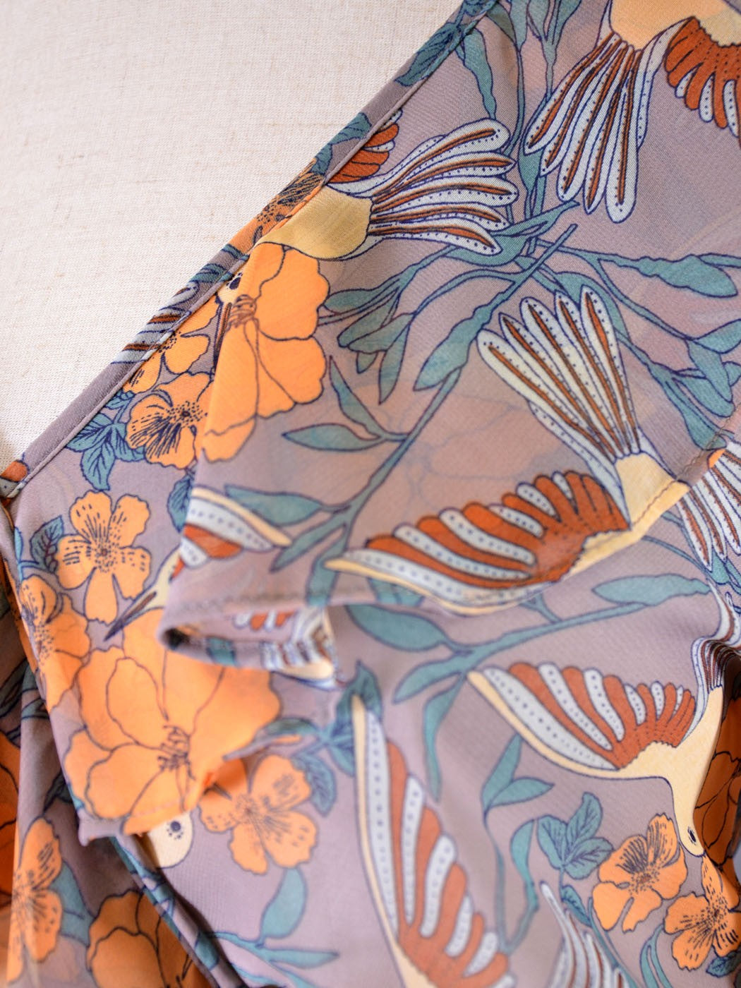 Audrey 3+1 Captivating Humming Bird Paradise Sheer Chiffon Ruffle Cropped Blouse