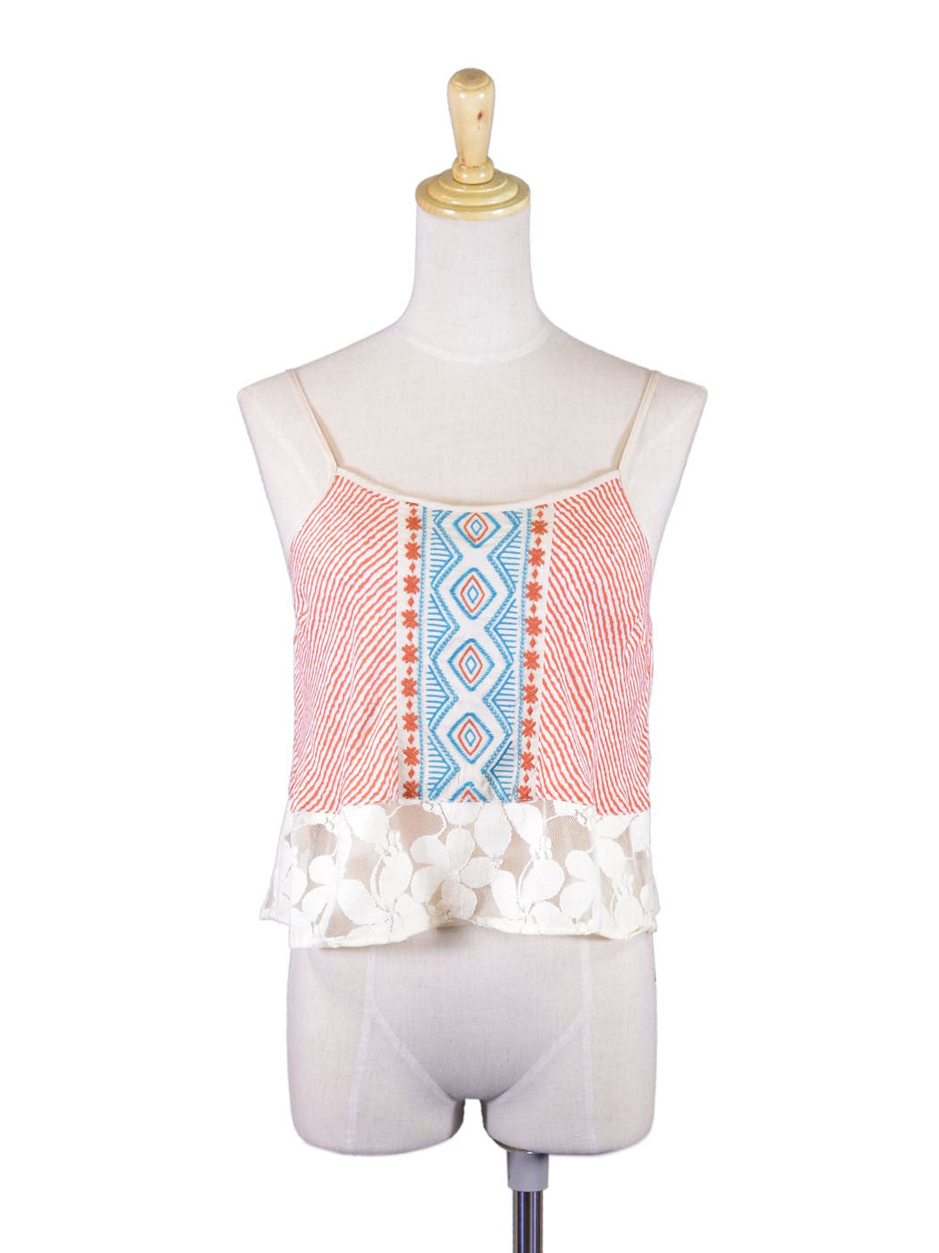 Flying Tomato Cute Stripped Embroidered Floral Mesh Lace Detail Woven Blouse Top