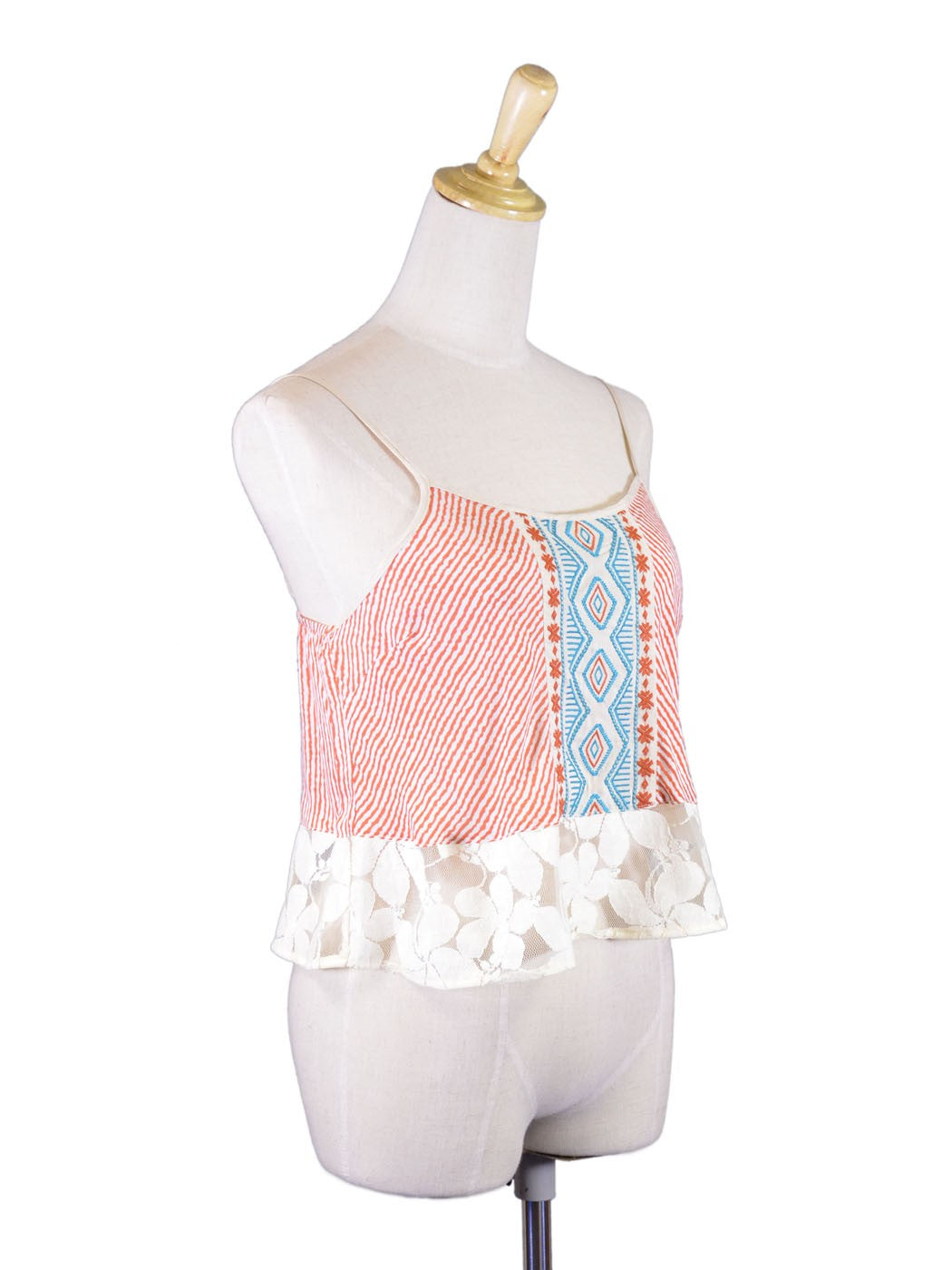 Flying Tomato Cute Stripped Embroidered Floral Mesh Lace Detail Woven Blouse Top