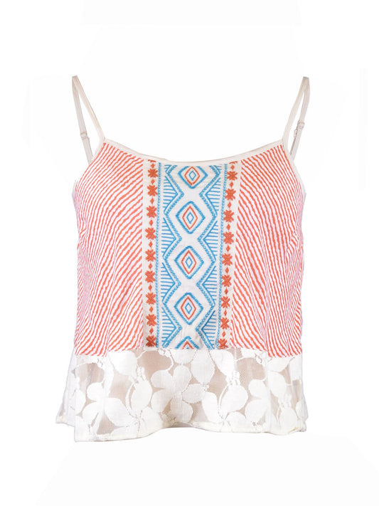 Flying Tomato Cute Stripped Embroidered Floral Mesh Lace Detail Woven Blouse Top