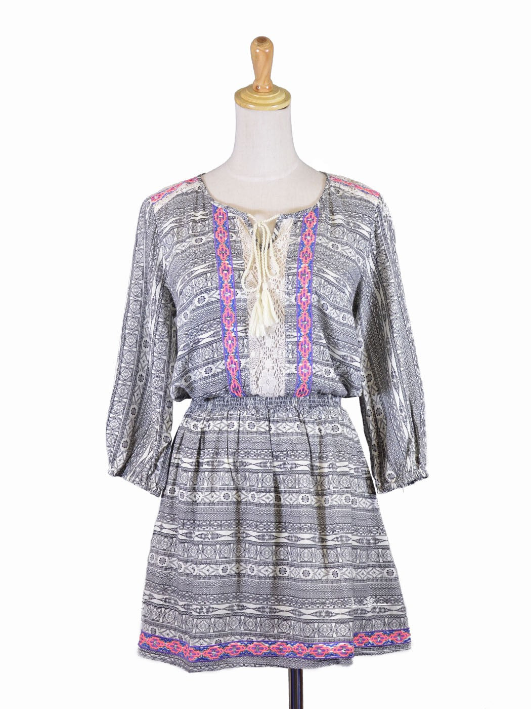 Flying Tomato Gypsy Tribal Print Contrast Fabric Smock Waist Sleeve Woven Dress