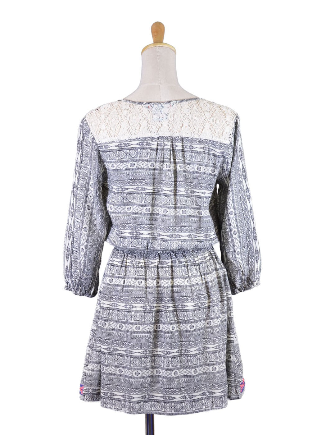 Flying Tomato Gypsy Tribal Print Contrast Fabric Smock Waist Sleeve Woven Dress
