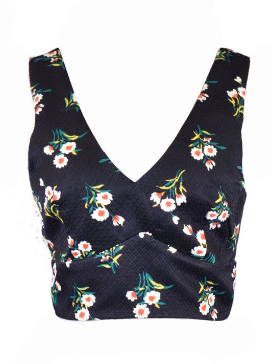 Lush Lovely Cute Oriental Floral Quilt Textured Print V-Neck Cropped Tank Top