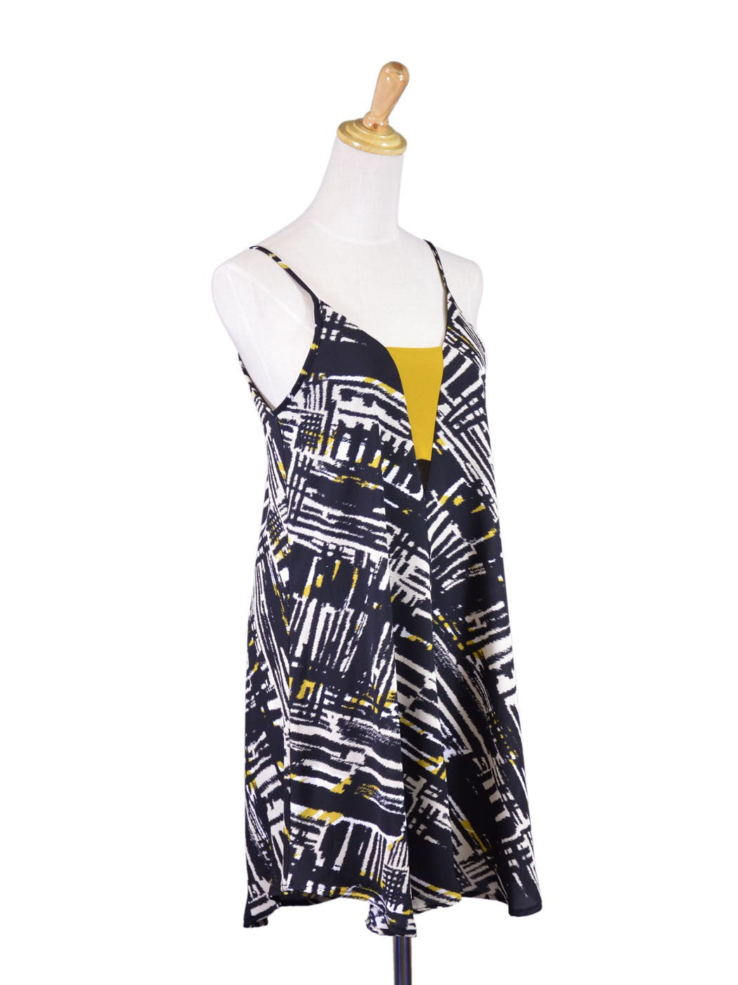 Lush Eccentric Abstract Artistic Front Yellow Band Loose Fit Woven Shift Dress