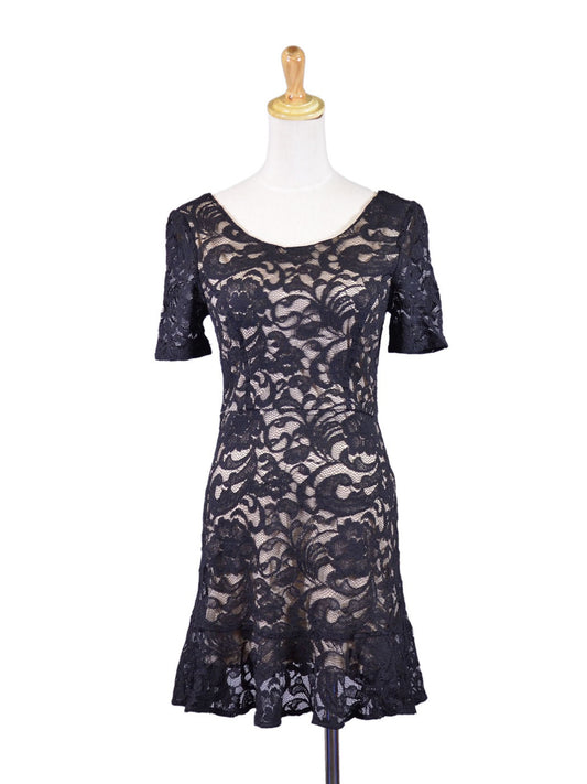 Lush Night Cocktail Floral Lace Design Ruffle Hem Short Sleeves Fit Flare Dress