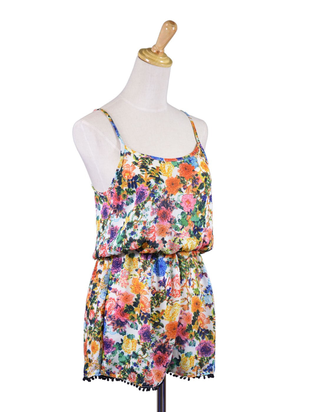 Mono de gasa transparente con dobladillo con ribete de lunares y estampado floral vibrante de San Souci