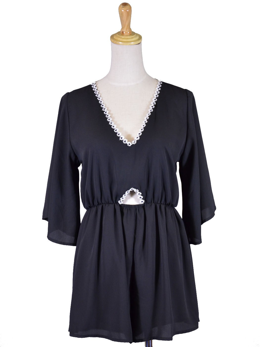 Audrey 3+1 Midnight Girl Slit Back V-Neck Floral Trim Flutter Sleeves Romper