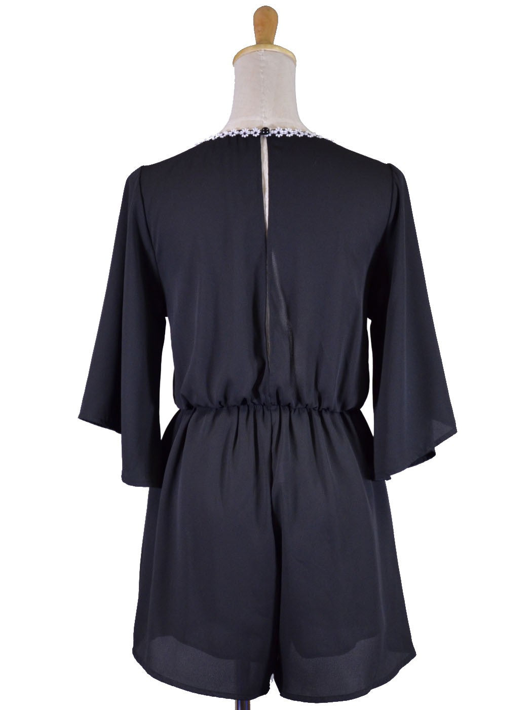 Audrey 3+1 Midnight Girl Slit Back V-Neck Floral Trim Flutter Sleeves Romper