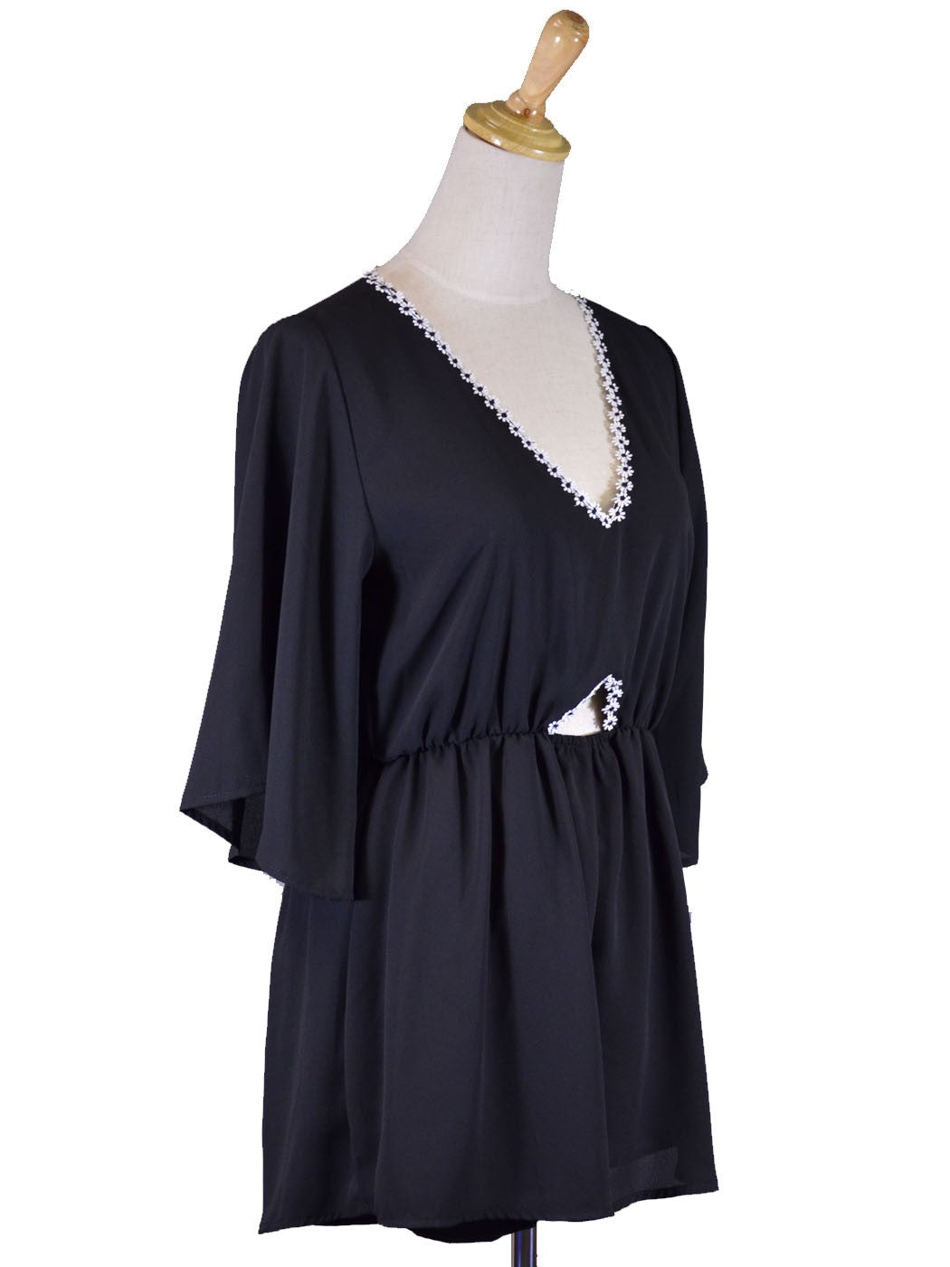 Audrey 3+1 Midnight Girl Slit Back V-Neck Floral Trim Flutter Sleeves Romper